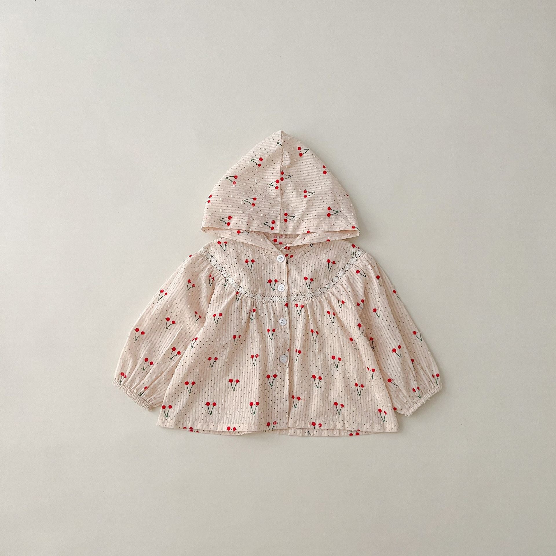 Summer Baby Long Sleeve Hooded Sunscreen Coat - Soft Breathable Cherry Pattern Jacket for Girls