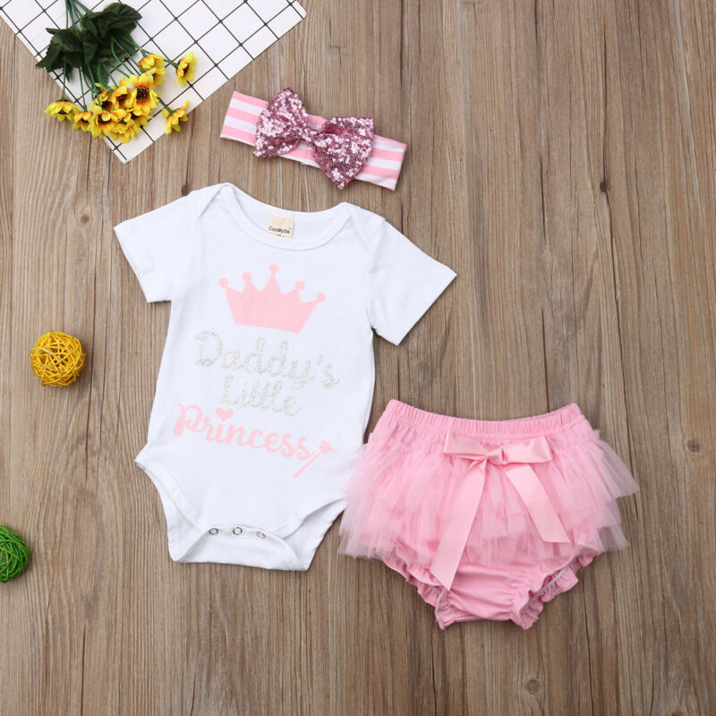 3-Piece Newborn Outfit - Daddy's Princess Romper, Tutu Shorts & Headband for Baby Girls