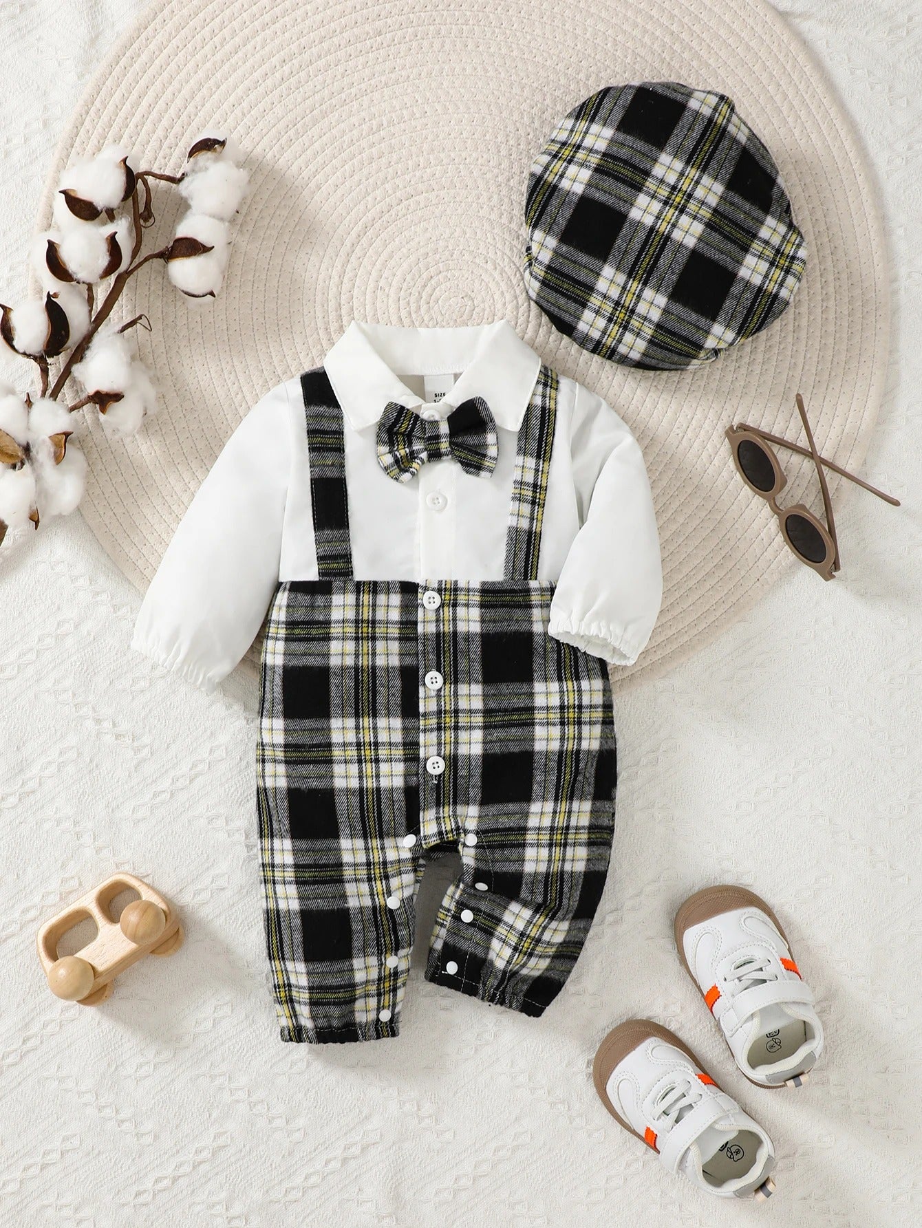 Newborn Boy Plaid Jumpsuit - Literary Style Long Sleeve Outfit with Lapel, Faux Straps, Button Cardigan, and Matching Hat.