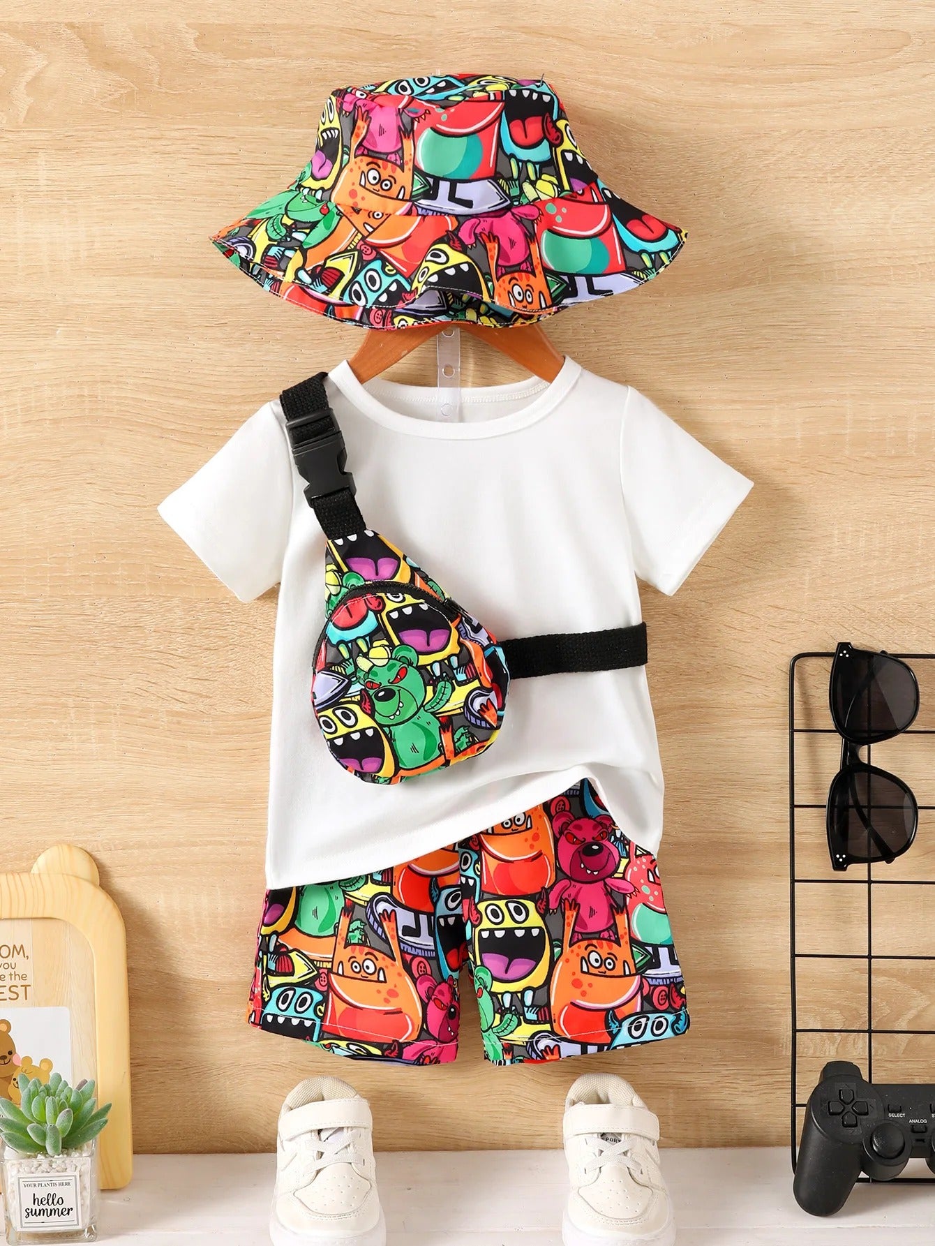 Baby Boys Summer Outfit - 4-Piece Set with White T-Shirt, Cartoon Monster Print Pocket Pants, Straddle Bag, and Sunscreen Hat.