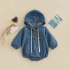 Infant Baby Fall Hooded Bodysuit - Long Sleeve Button Front Solid Denim Jumpsuit