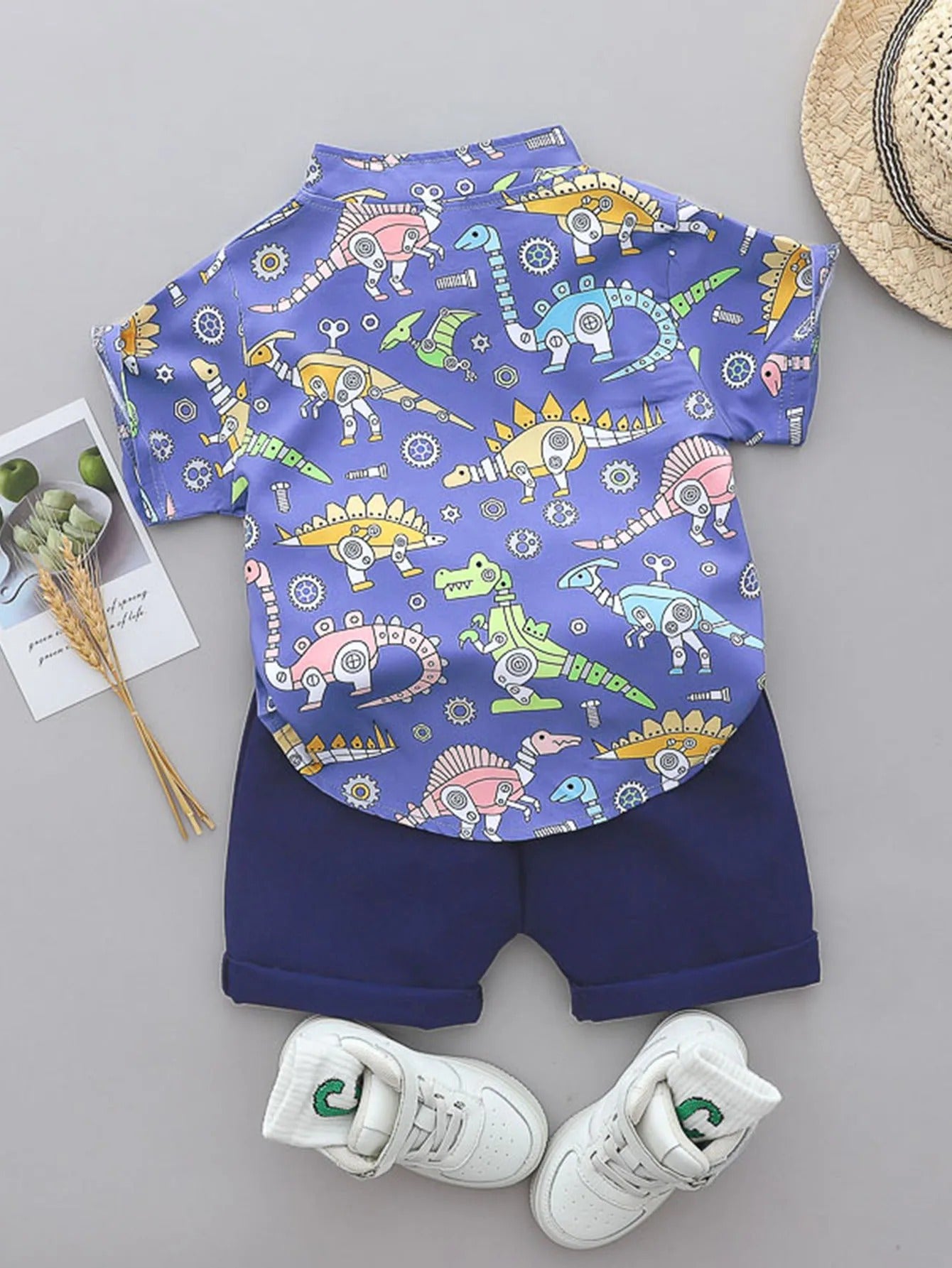 2PCS Toddler Summer Outfit - Dinosaur Print Short-Sleeve Shirt with Standing Collar and Matching Shorts.