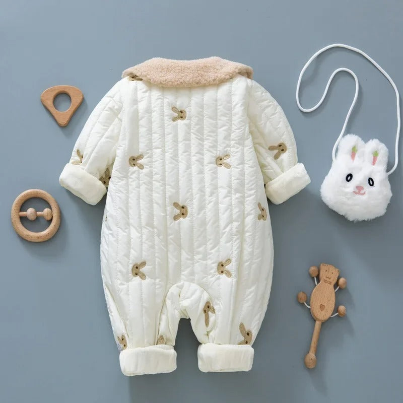 Winter Newborn Romper - Cotton-Padded Infant Jumpsuit with Embroidered Bunny and Turn Down Collar for Baby Girls