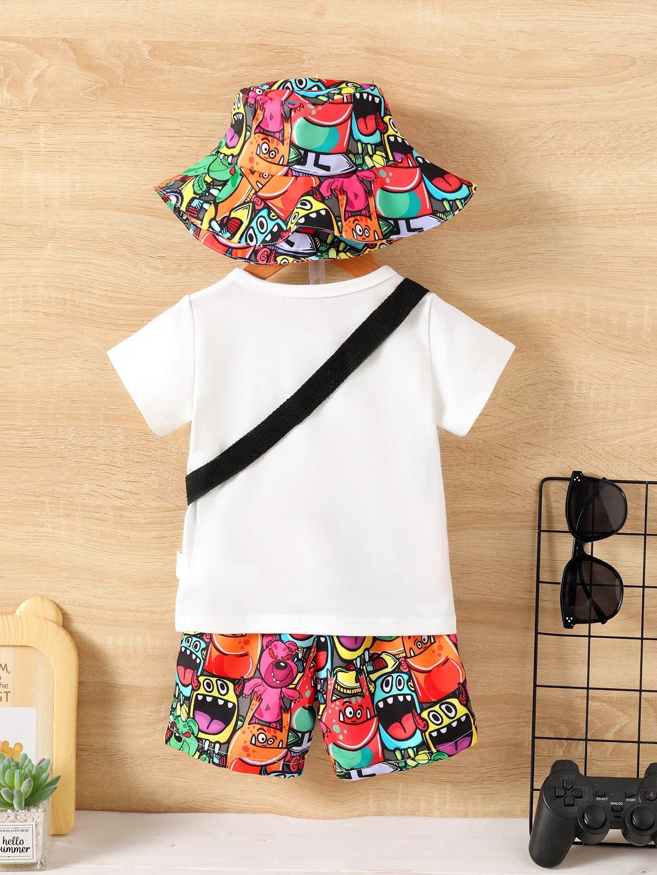 Baby Boys Summer Outfit - 4-Piece Set with White T-Shirt, Cartoon Monster Print Pocket Pants, Straddle Bag, and Sunscreen Hat.