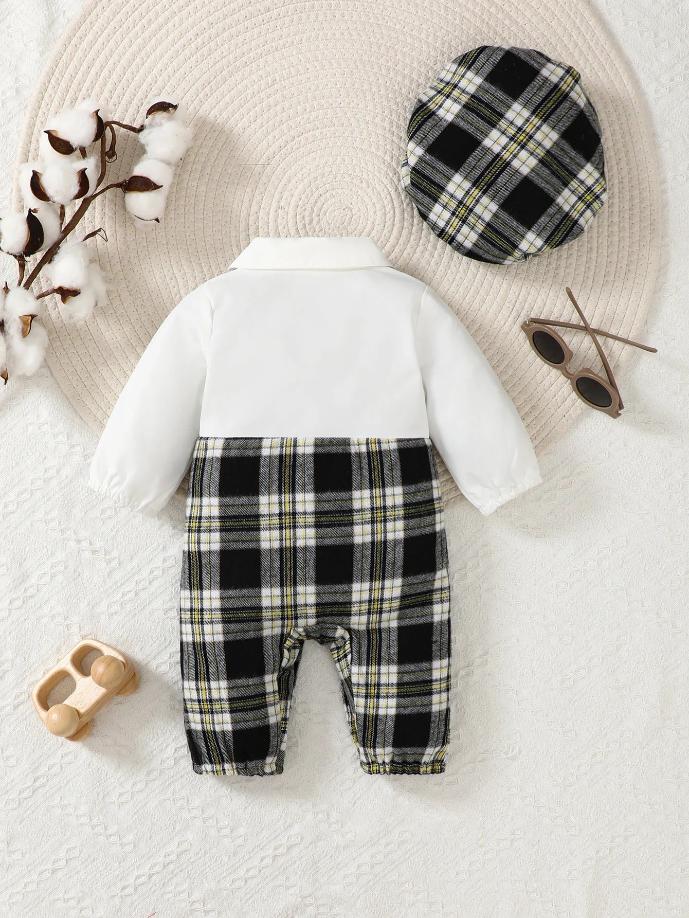 Newborn Boy Plaid Jumpsuit - Literary Style Long Sleeve Outfit with Lapel, Faux Straps, Button Cardigan, and Matching Hat.