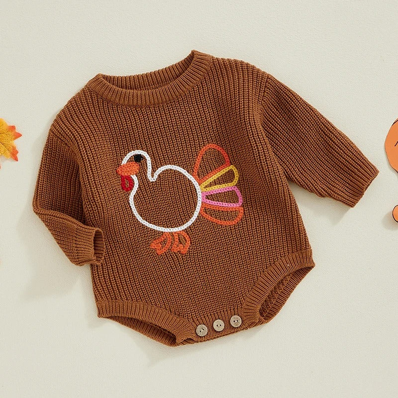 Newborn Baby Thanksgiving Sweater Romper - Turkey Embroidery Long Sleeve Jumpsuit for Fall