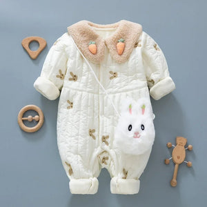 Winter Newborn Romper - Cotton-Padded Infant Jumpsuit with Embroidered Bunny and Turn Down Collar for Baby Girls