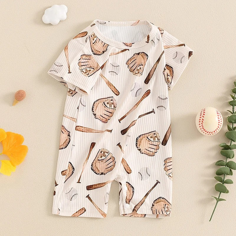 Baby Baseball Print Romper - Round Neck Short Sleeve Jumpsuit for Boys & Girls