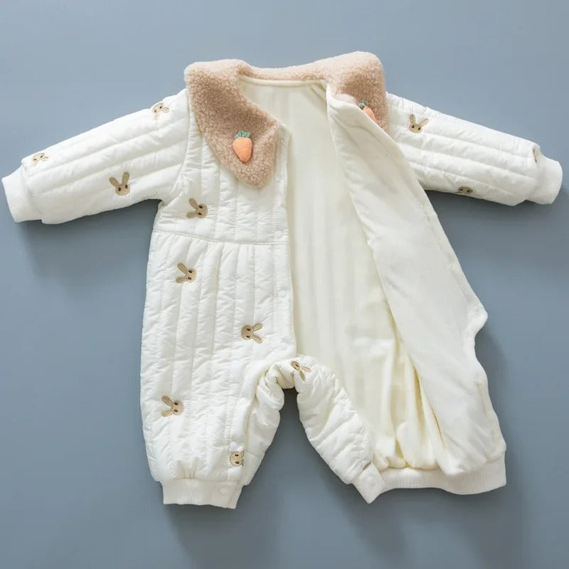 Winter Newborn Romper - Cotton-Padded Infant Jumpsuit with Embroidered Bunny and Turn Down Collar for Baby Girls