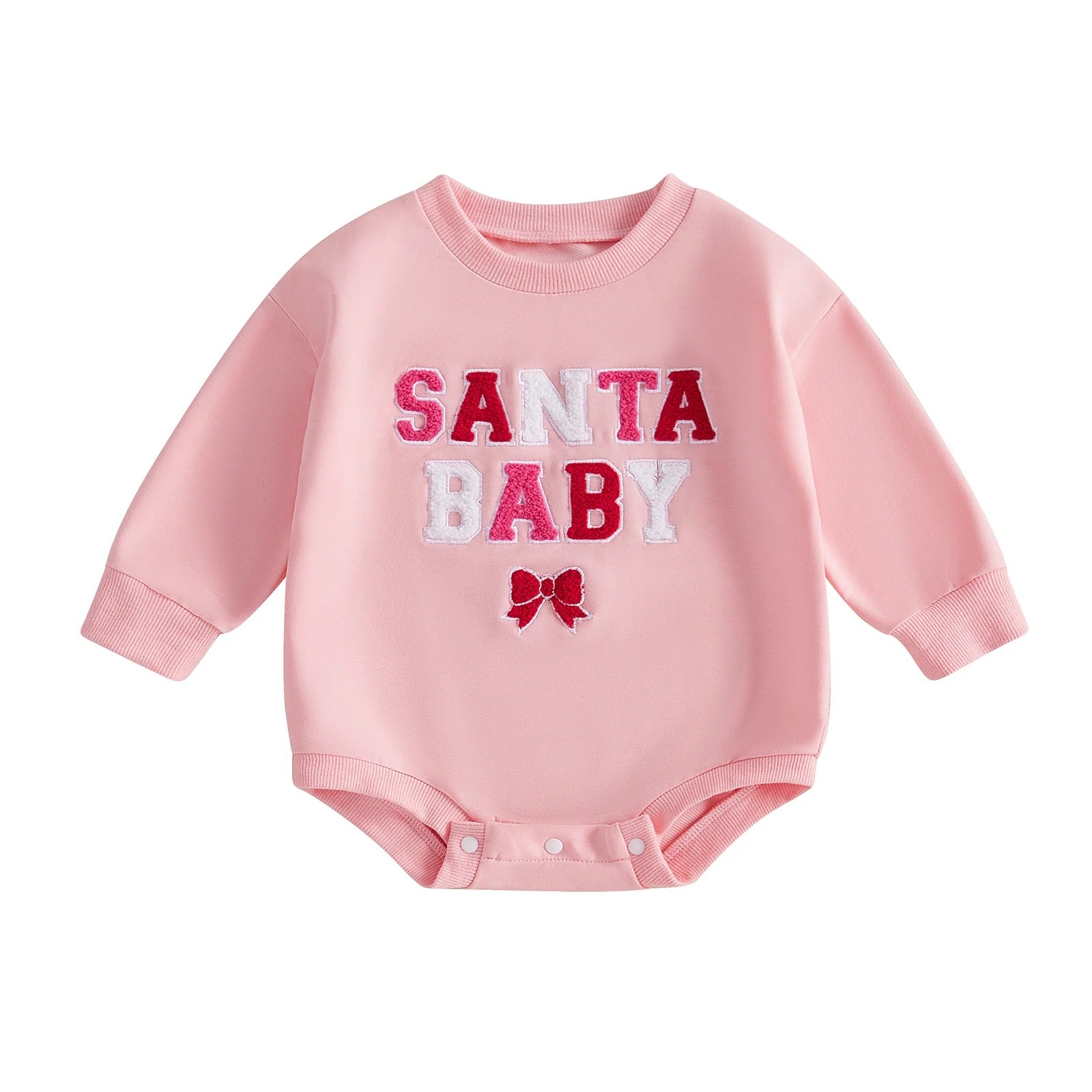 Christmas Baby Girls Sweatshirt Bodysuit - Long Sleeve Jumpsuit with Letter Bow Embroidery, Cute Christmas Outfit