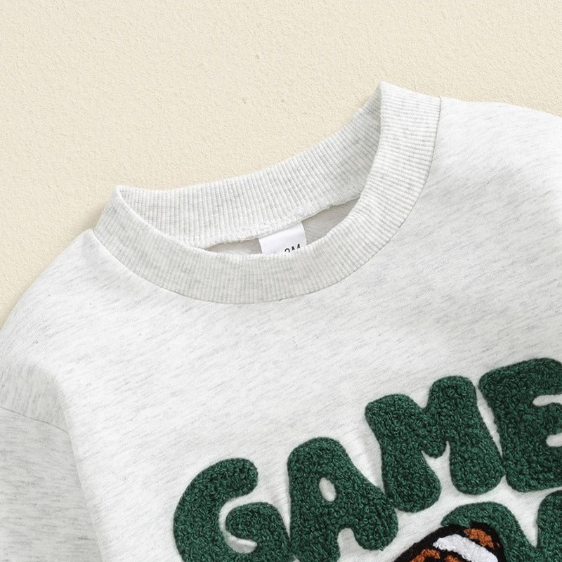 "Game Day" Baby Boys Football Romper - Cute Letter Embroidery, Long Sleeve Sweatshirt Jumpsuit for Fall & Winter