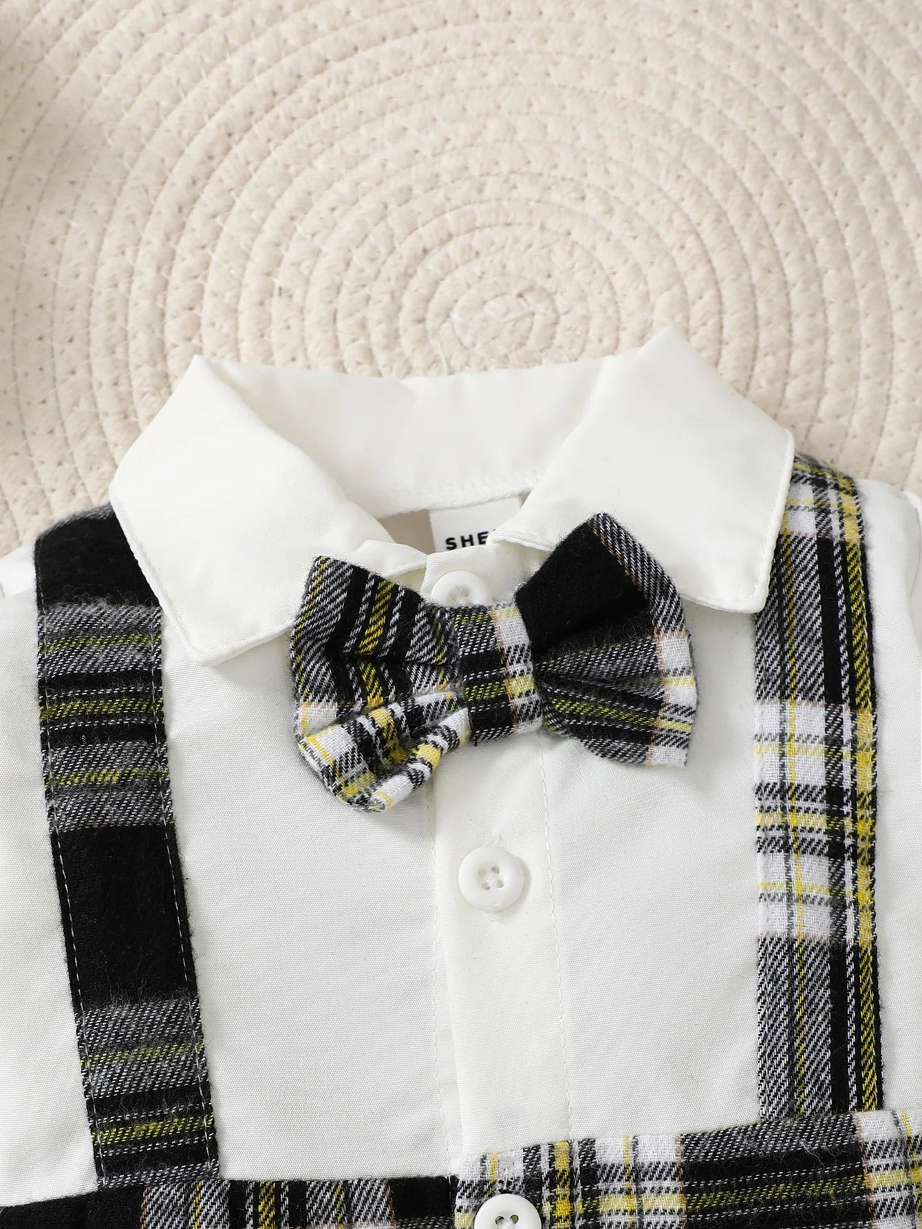 Newborn Boy Plaid Jumpsuit - Literary Style Long Sleeve Outfit with Lapel, Faux Straps, Button Cardigan, and Matching Hat.