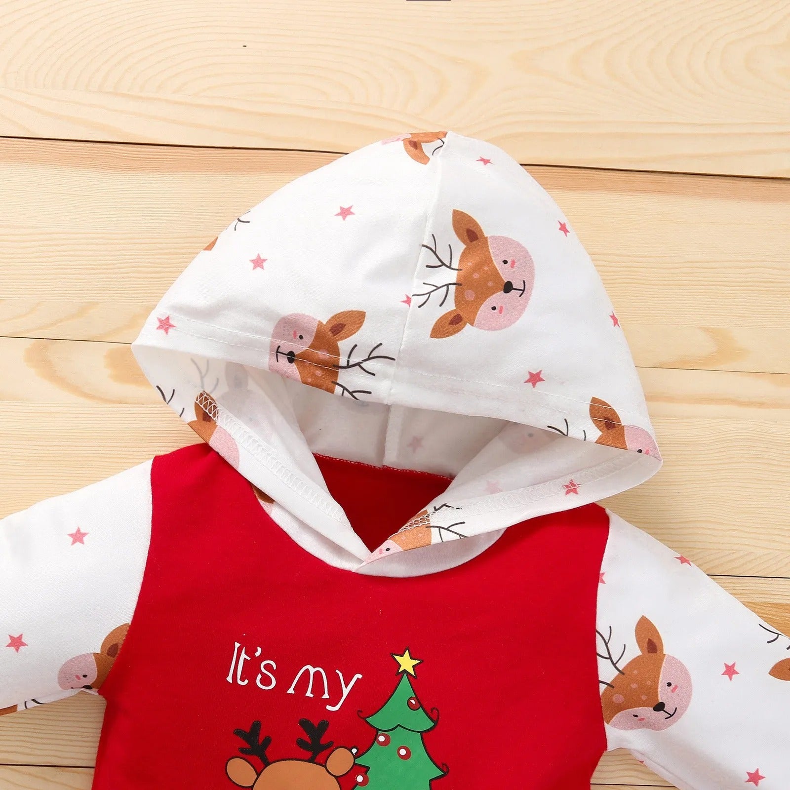 Christmas Newborn Baby Romper - Long-Sleeve Hoodie Deer Letter Print "My 1st Christmas" Infant Jumpsuit Outfit