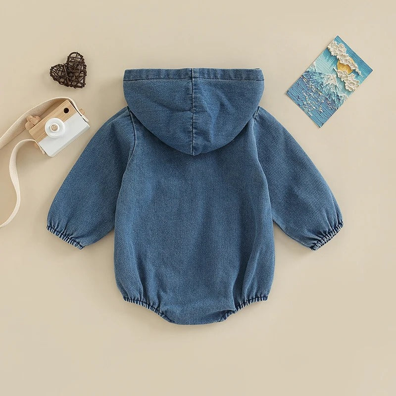 Infant Baby Fall Hooded Bodysuit - Long Sleeve Button Front Solid Denim Jumpsuit