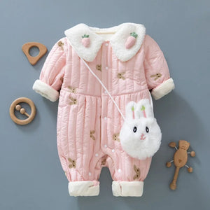 Winter Newborn Romper - Cotton-Padded Infant Jumpsuit with Embroidered Bunny and Turn Down Collar for Baby Girls