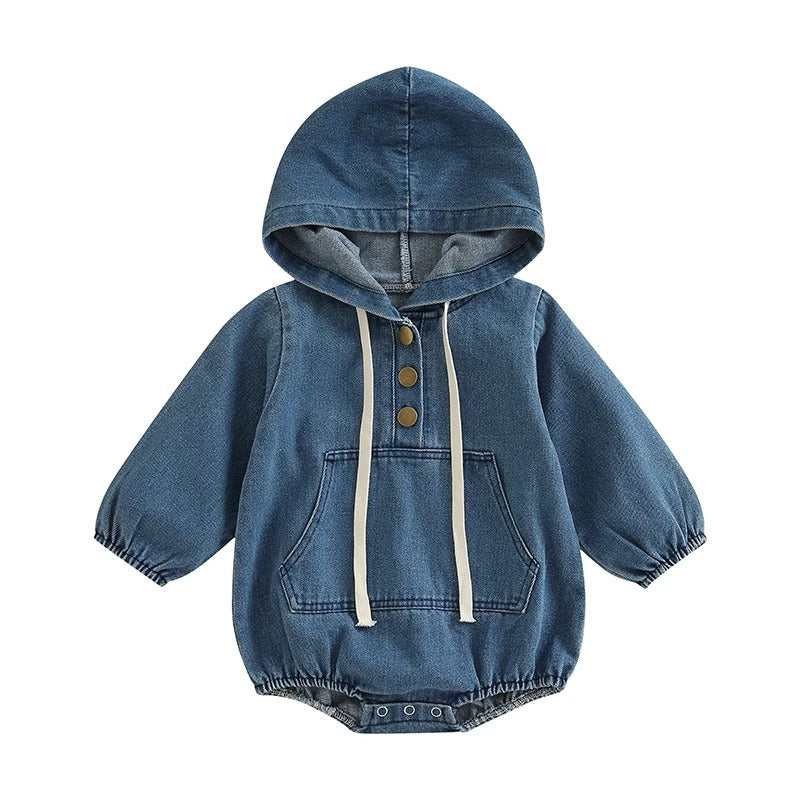 Infant Baby Fall Hooded Bodysuit - Long Sleeve Button Front Solid Denim Jumpsuit