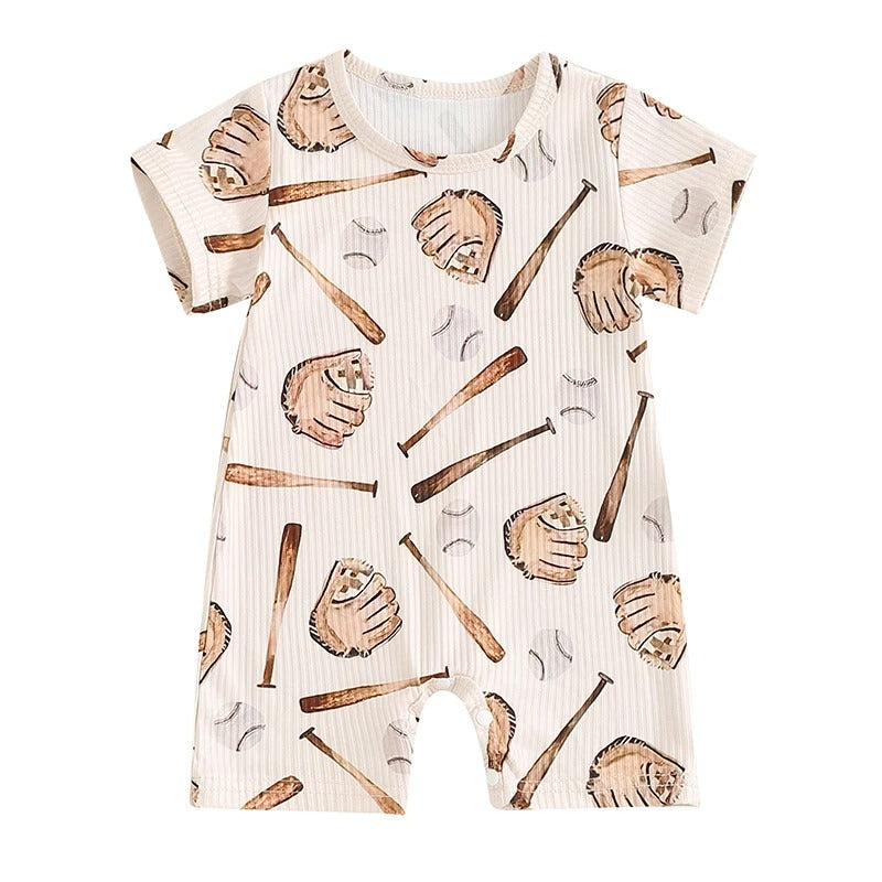 Baby Baseball Print Romper - Round Neck Short Sleeve Jumpsuit for Boys & Girls