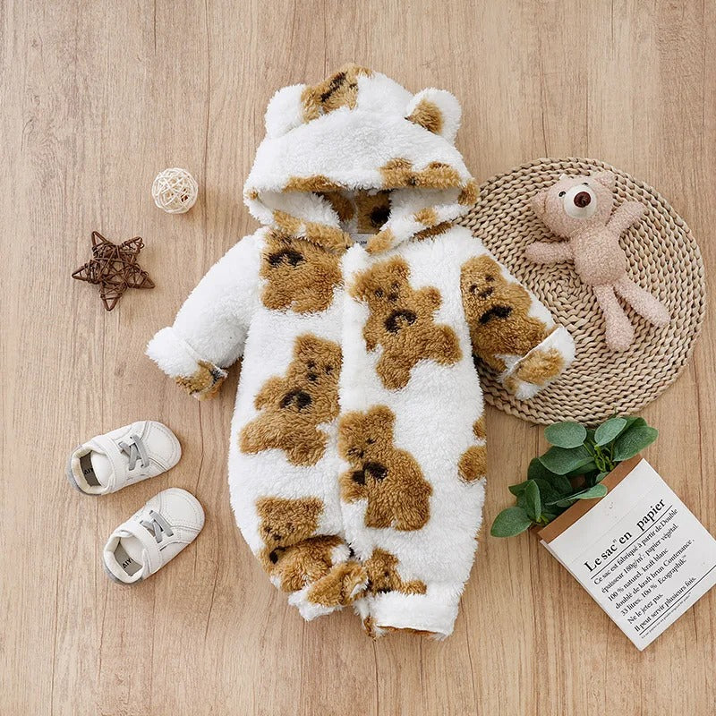 Cartoon Teddy Bear Plush Baby Jumpsuit - Soft, Comfortable, Long-Sleeve for Boys & Girls Winter Outfit