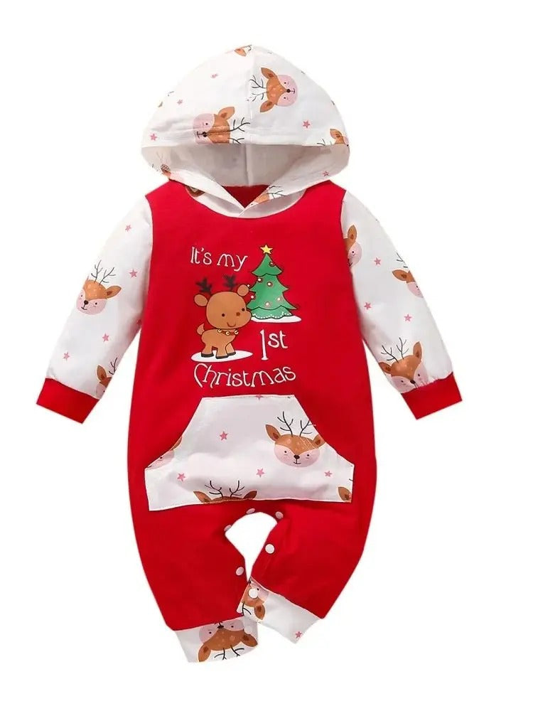 Christmas Newborn Baby Romper - Long-Sleeve Hoodie Deer Letter Print "My 1st Christmas" Infant Jumpsuit Outfit