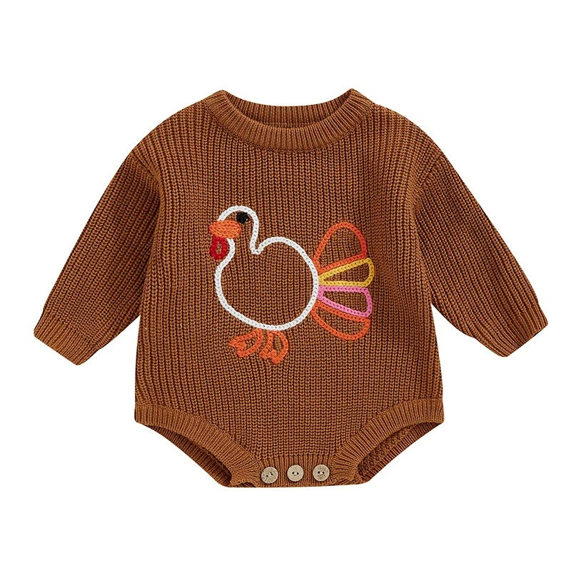 Newborn Baby Thanksgiving Sweater Romper - Turkey Embroidery Long Sleeve Jumpsuit for Fall