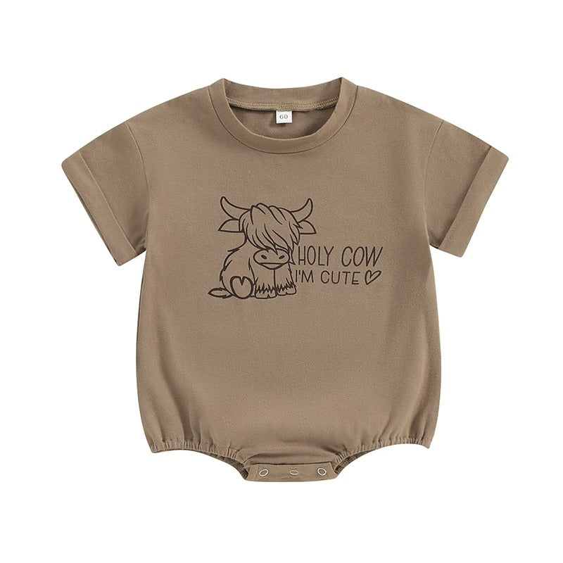 "Holy Cow I'm Cute" - Western Cow Print Baby Romper, Lioraitiin Summer Short Sleeve Bubble Jumpsuit