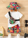 Baby Boys Summer Outfit - 4-Piece Set with White T-Shirt, Cartoon Monster Print Pocket Pants, Straddle Bag, and Sunscreen Hat.