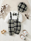 Newborn Boy Plaid Jumpsuit - Literary Style Long Sleeve Outfit with Lapel, Faux Straps, Button Cardigan, and Matching Hat.