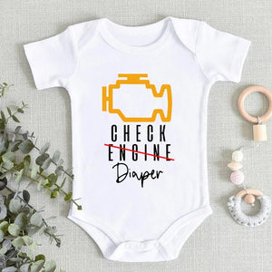 "Check Engine No Diaper" - Funny Infant Romper with Letter Design. Skin-Friendly Short Sleeve Baby Jumpsuit for Boys and Girls.