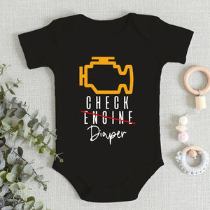 "Check Engine No Diaper" - Funny Infant Romper with Letter Design. Skin-Friendly Short Sleeve Baby Jumpsuit for Boys and Girls.