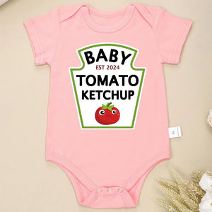 "Funny Tomato Ketchup Bodysuit" - Red Baby Onesie for Newborn Boys and Girls. Cute, Creative, and Trendy Infant Clothing.