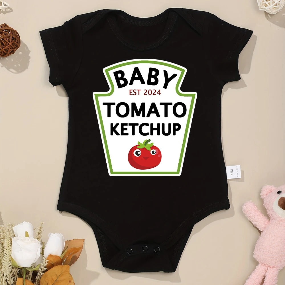 "Funny Tomato Ketchup Bodysuit" - Red Baby Onesie for Newborn Boys and Girls. Cute, Creative, and Trendy Infant Clothing.